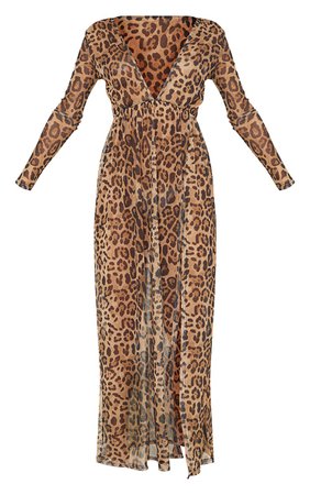 Brown Leopard Plunge Long Sleeve Split Maxi Dress | PrettyLittleThing USA