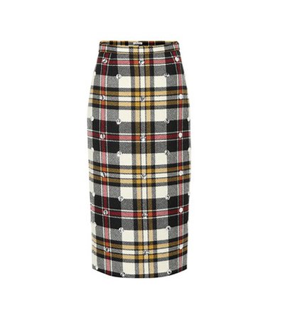 Embellished checked wool skirt