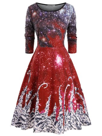 [35% OFF] 2019 Galaxy Printed Christmas Long Sleeve Plus Size Dress In RED | DressLily