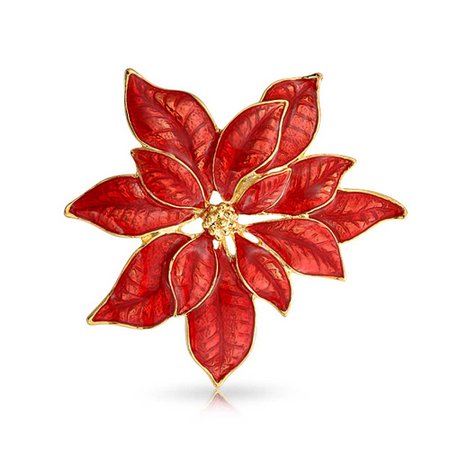 Gold Plated Red Enamel Poinsettia Flower Christmas Brooch Pin