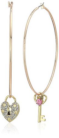 Betsey Johnson Women's Pink Stone Heart Locket Mismatched Hoop Earrings, One Size: Jewelry