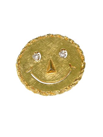 Vintage 1970s Necklace: 70s -No Label- Unisex shiny gold tone metal -smile- brooch or has a hook to add to a chain. It has moving rhinestone eyes and the nose is a dimensional triangle.