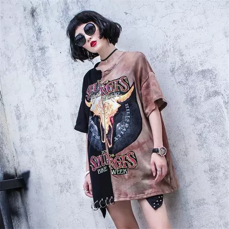 New Women's Clothing Fashion Street Big Size Letter Print Sequins T shirt Female Rock Punk Long Casual Tee Shirt Hit Color Tops|T-Shirts| - AliExpress
