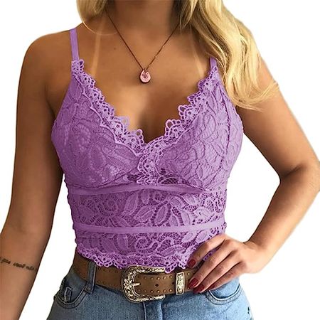 Koinshha Women's Soft Casual Lace Crochet Spaghetti Strap Cami Crop Top Camisole Purple at Amazon Women’s Clothing store