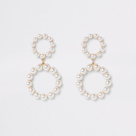 Gold color pearl double ring drop earrings - Earrings - Jewelry - women