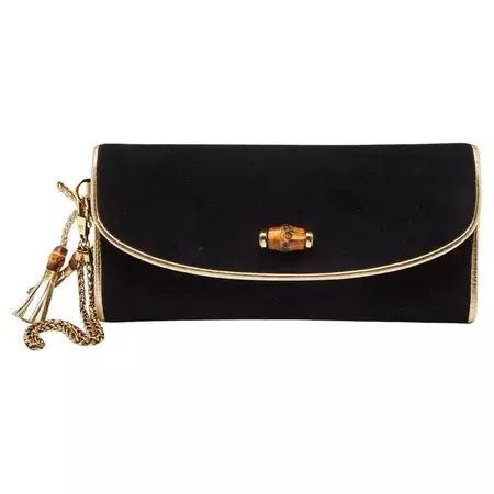 Gucci Black/Gold Suede Bamboo Wristlet Clutch For Sale at 1stDibs