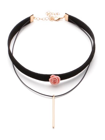Bar And Flower Detail Layered Velvet Necklace