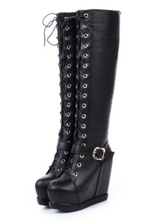 Womens Buckle Strap Lace Up Platform Wedge Heel Knee High Boots Shoes