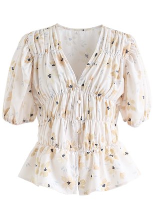 Chic Wish Floral Button Down Shirred Top in Beige - Retro, Indie and Unique Fashion