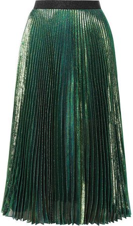 Pleated Silk-blend Lamé Midi Skirt - Forest green