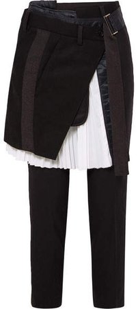 Pleated Poplin-paneled Wool-blend Straight-leg Pants - Black