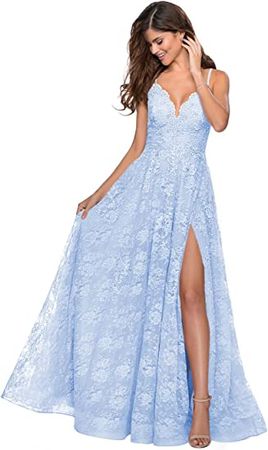 SYYS V Neck Long Prom Dresses with Slit Lace Spaghetti Straps Formal Evening Gowns SYYS109 at Amazon Women’s Clothing store