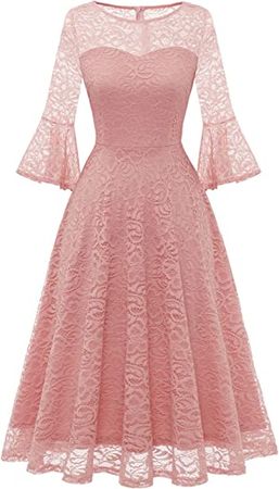 Amazon.com: DRESSTELLS Bell Sleeve Lace Dress for Women Knee Length Cocktail Dresses for Women Wedding Guest Vintage Dusty Rose Bridesmaid Lace Dress Blush L : Clothing, Shoes & Jewelry