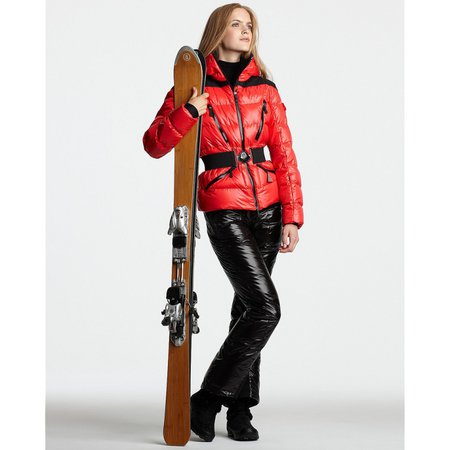 Black and red Moncler ski suit with hooded down jacket | SHINY NYLON