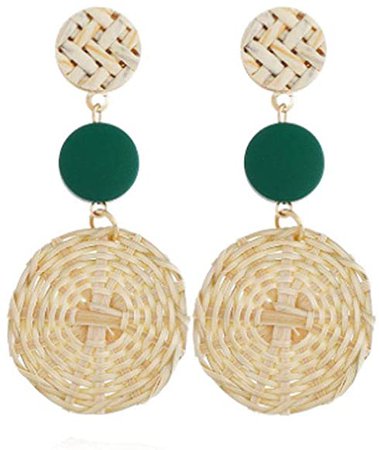 Amazon.com: Weave Straw Triple Disc Drop Earrings, Boho Rattan Dangle Earrings Women Gift (Light Brown and Green): Jewelry