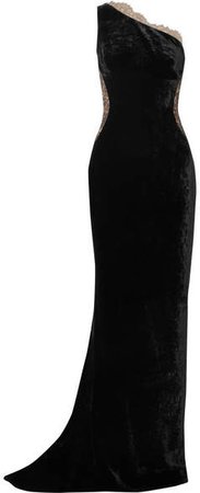 One-shoulder Lace-paneled Velvet Gown - Black