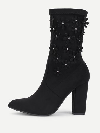 Flower Decorated Block Heeled Suede Boots