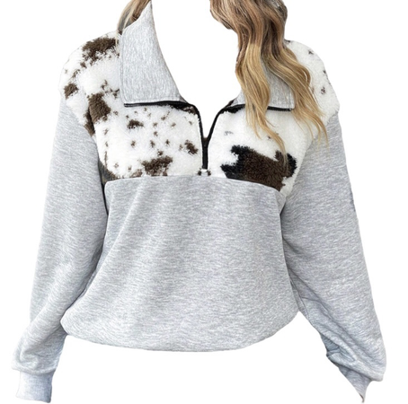 Sherpa Cow Hide Print Half Zip Drop Shoulder Sweatshirt