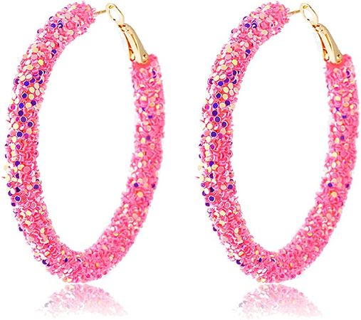 Amazon.com: Bohemian Shiny Glitter Sequins Hoop Earrings Wrapped Gold Plated Circle Statement Rhinestone Dangle Drop Earrings for Women Girls Boho Jewelry-pink: Clothing, Shoes & Jewelry