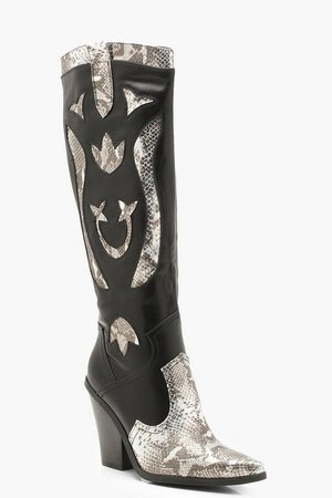 Over The Knee Snake Panel Cowboy Boots | Boohoo