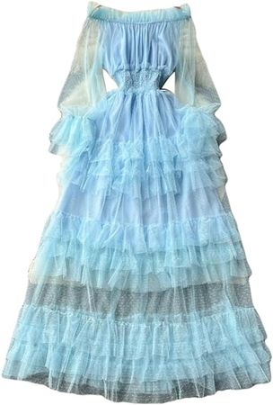 Inzegao Women Ruffle Mesh Maxi Dress Stretchy Waist Off Shoulder Sheer Long Sleeve Tulle Wedding Party Dresses Light Blue at Amazon Women’s Clothing store
