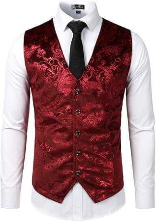ZEROYAA Mens Hipster Burgundy Paisley Single Breasted Suit Dress Vest/Tuxedo Waistcoat Z49 Burgundy Small at Amazon Men’s Clothing store