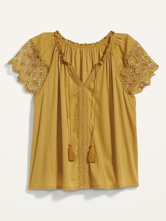 Relaxed Tie-Neck Crochet-Lace Sleeve Blouse for Women | Old Navy