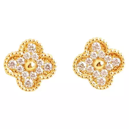 Van Cleef and Arpels Vintage Alhambra Yellow Gold Diamond Earrings For Sale at 1stDibs