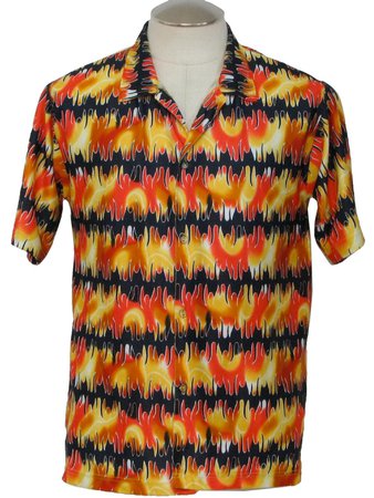 Vintage No Boundaries Nineties Shirt: 90s -No Boundaries- Mens midnight blue, orange, red, and tan abstract print polyester button front short sleeve club/rave shirt with fold over collar.