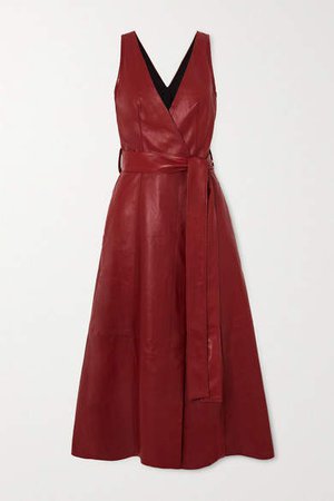 Awel Belted Leather Wrap Midi Dress - Red
