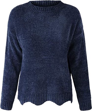 makeitmint Women's Super Soft Chenille Round Neck Solid Scallop Hem Knit Sweater YISW0062-NAVY-SML at Amazon Women’s Clothing store