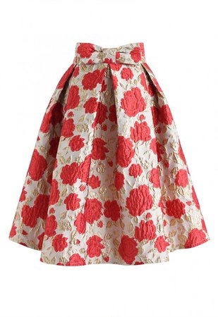 Bowknot Red Floral Jacquard Midi Skirt - Skirt - BOTTOMS - Retro, Indie and Unique Fashion