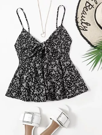 black Plants Print Shirred Back Knot Front Cami Top | SHEIN USA