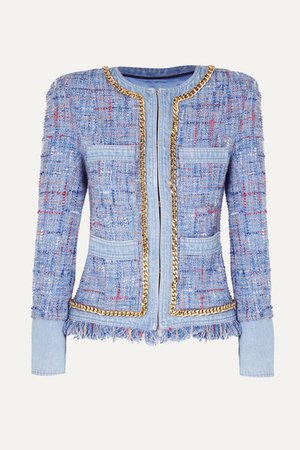 Balmain | Chain-embellished cotton-tweed and denim blazer | NET-A-PORTER.COM