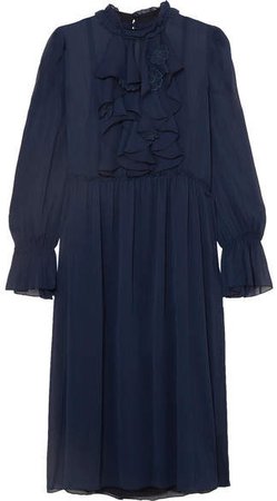 Ruffle-trimmed Embroidered Chiffon Dress - Navy