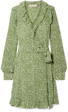 Ruffled Printed Washed-silk Wrap Mini Dress - Light green