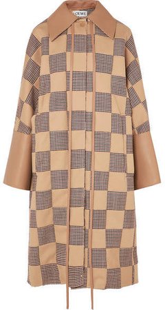 Oversized Patchwork Houndstooth Cotton And Leather Coat - Beige