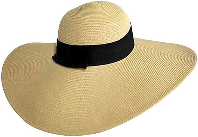 Luxury Divas Tan Wide Brimmed Floppy Hat With Black Ribbon Hat Band at Amazon Women’s Clothing store: Floppy Straw Hat