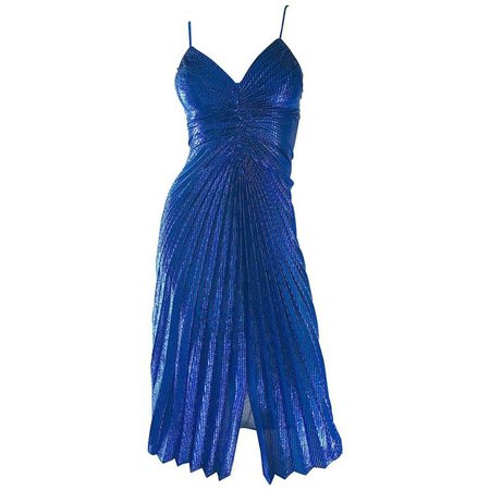 1970s Samir Metallic Blue Pleated Disco Vintage 70s Studio 54 Sexy Slinky Dress