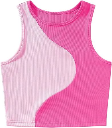 SweatyRocks Women's Summer Ribbed Knit Sleeveless Vest Color Block Crop Tank Top Hot Pink L at Amazon Women’s Clothing store