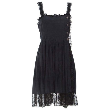 Chanel Black Silk Lace Trim Detail Pleated Dress M