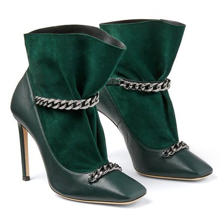 Dark Green Nappa Leather and Suede Bootie with a Anthracite Chain Strap|MARUXA 100| Autumn Winter 19| JIMMY CHOO