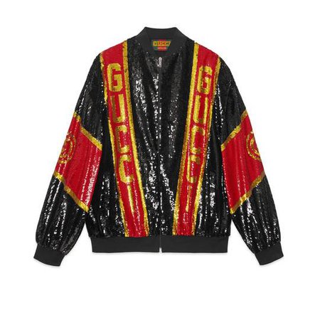 Gucci-Dapper Dan sequin jacket in All over black and red sequin embroidery with gold sequin trims | Gucci Women's Bomber