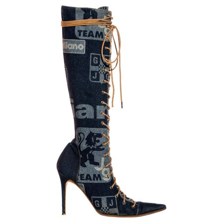 John Galliano blue denim lace up knee high boots, ss 2002 For Sale at 1stDibs