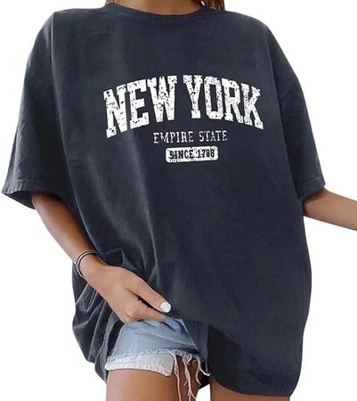 Women’s Oversized New York Letter Graphic Print Short Sleeve Tunic Tops Crew Neck Loose Fit Tee Casual T Shirts at Amazon Women’s Clothing store