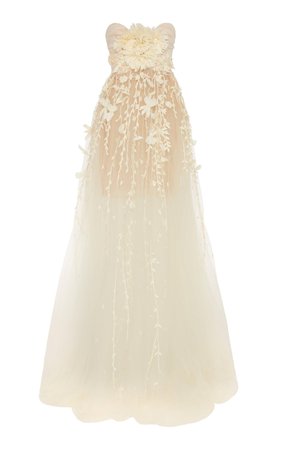 Oscar de la Renta, White Embellished Tulle Gown