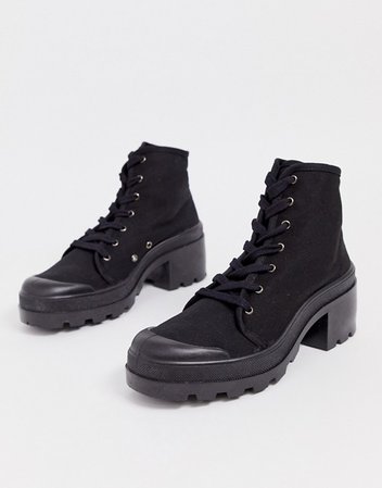Pull&Bear canvas lace front heeled boots in black | ASOS