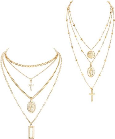 Amazon.com: ORAZIO 2PCS Layered Necklace for Women Girl Cross Blessed Virgin Mary Pendant Necklace Chain Gold Tone : Clothing, Shoes & Jewelry