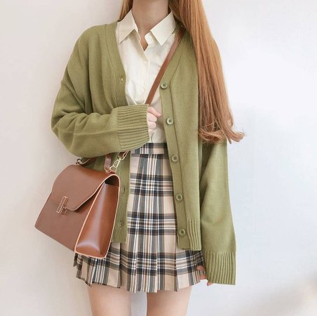 pastel casual dress aesthetic - Google Search (Plaid pleated skirt, cream/white shirt, dull pastel green cardigan, leather satchel)