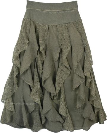 Seaweed Vertical Frills Ruffles Fun Skirt with Flexible Waist | Green | Crochet-Clothing, Patchwork, Stonewash, Misses, Vacation, Beach, Gift, Solid, Stonewash